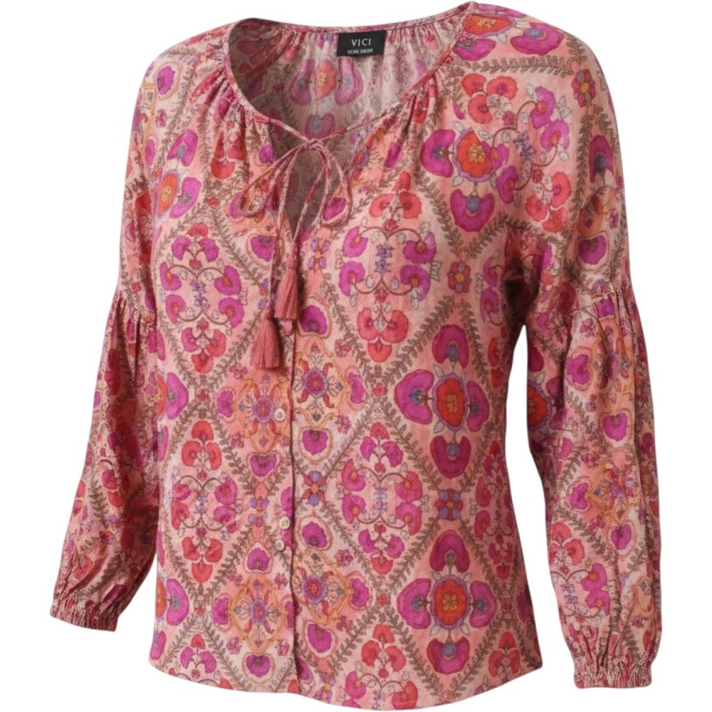 VICI Pink Orange Floral Paisley Cotton Peasant Blouse XL Tassel Tie Boho Top